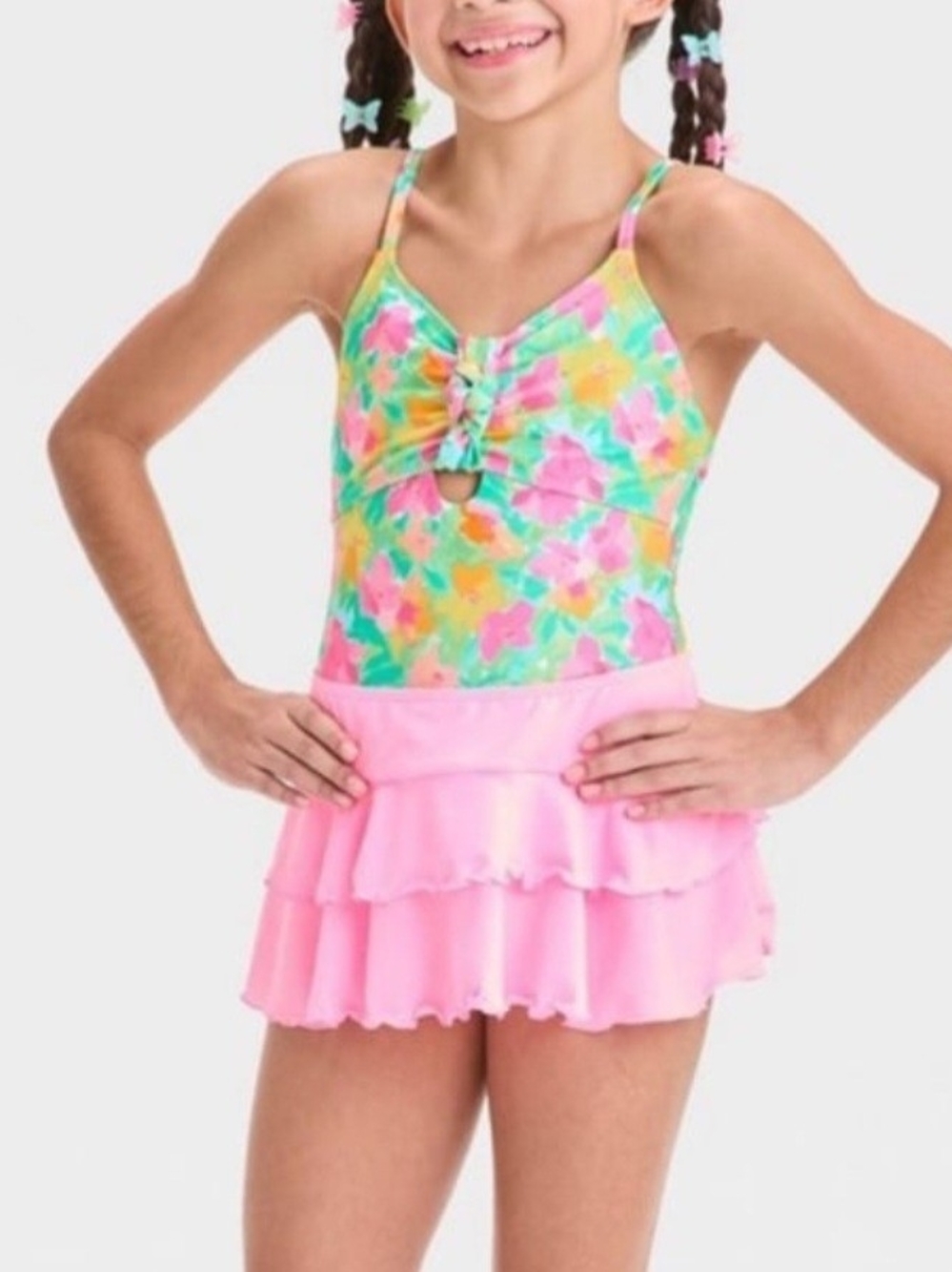 Cat & Jack Girls' Set Floral Printed 1 Piece Swimsuit & 1 Cover Up Skirt. Sz S